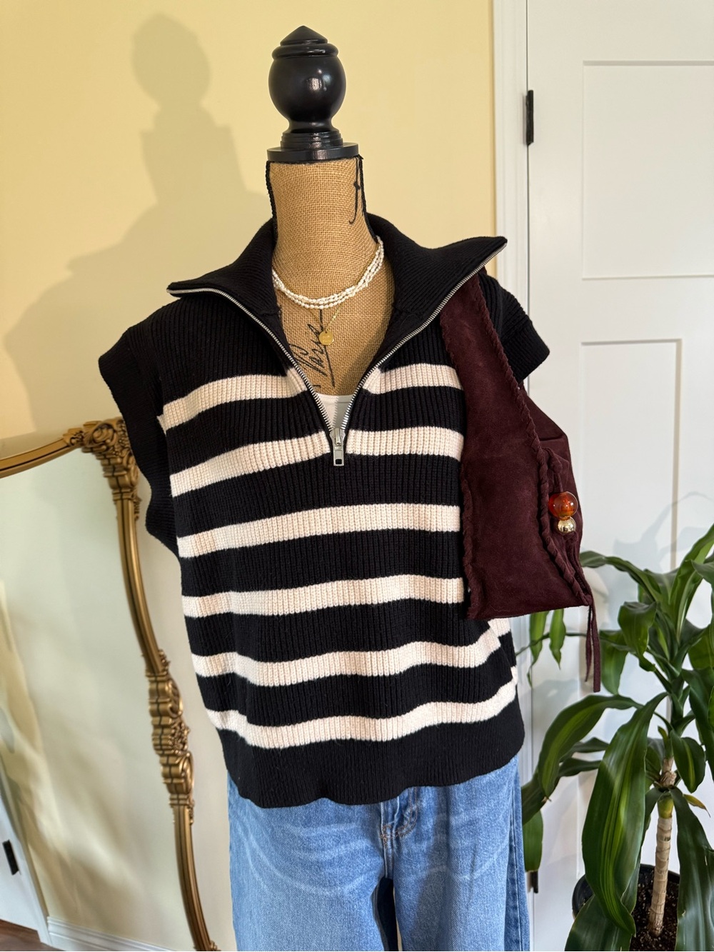 Zara Black and Cream Striped Half-Zip Sleeveless Sweater